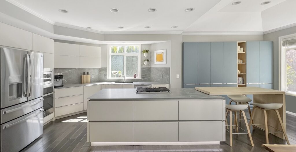 Custom white European kitchen cabinets Bellevue WA dining set