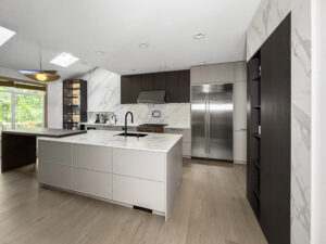 Luxury European kitchen Redmond WA — grey island dark wood marble backsplash